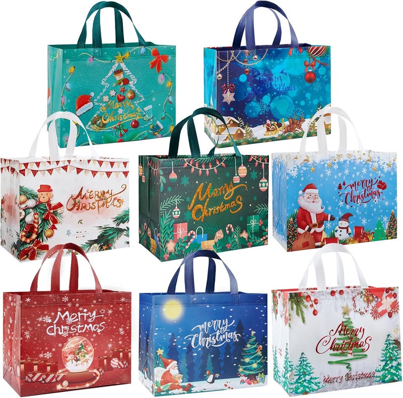 YANGTE 8 Pack Christmas Gift Bags with Handles, Large Non-Woven Tote Bags for Wrapping Xmas Party Favors, 12.8"x9.8"x6.7 - Image 1